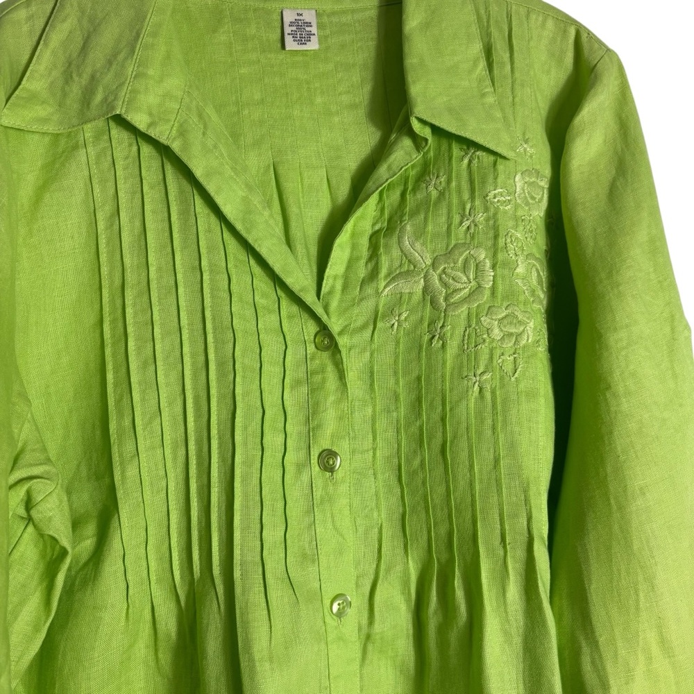 CARROLL REED Woman 100% Linen Lime Button-Down Shirt Size 1X - Picture 5 of 13